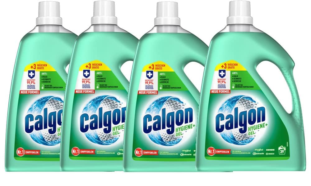 Calgon Hygiene+ Gel – Waschmachinen-Entkalker gegen Geruch, Schmutz und Kalk – Antibakterieller Wasserenthärter – 4 x 1,8L