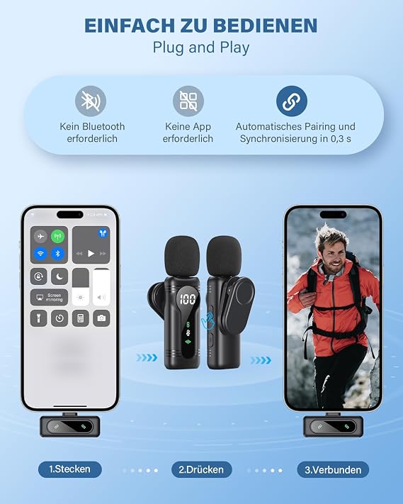 Wireless Lavalier Microphone for iPhone iPad Android Devices - Mini Clip-On Microphone with Noise Cancellation Auto Pairing Mute and Reverb Ideal for Vlogging Video Recording TK