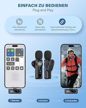 Wireless Lavalier Microphone for iPhone iPad Android Devices - Mini Clip-On Microphone with Noise Cancellation Auto Pairing Mute and Reverb Ideal for Vlogging Video Recording TK