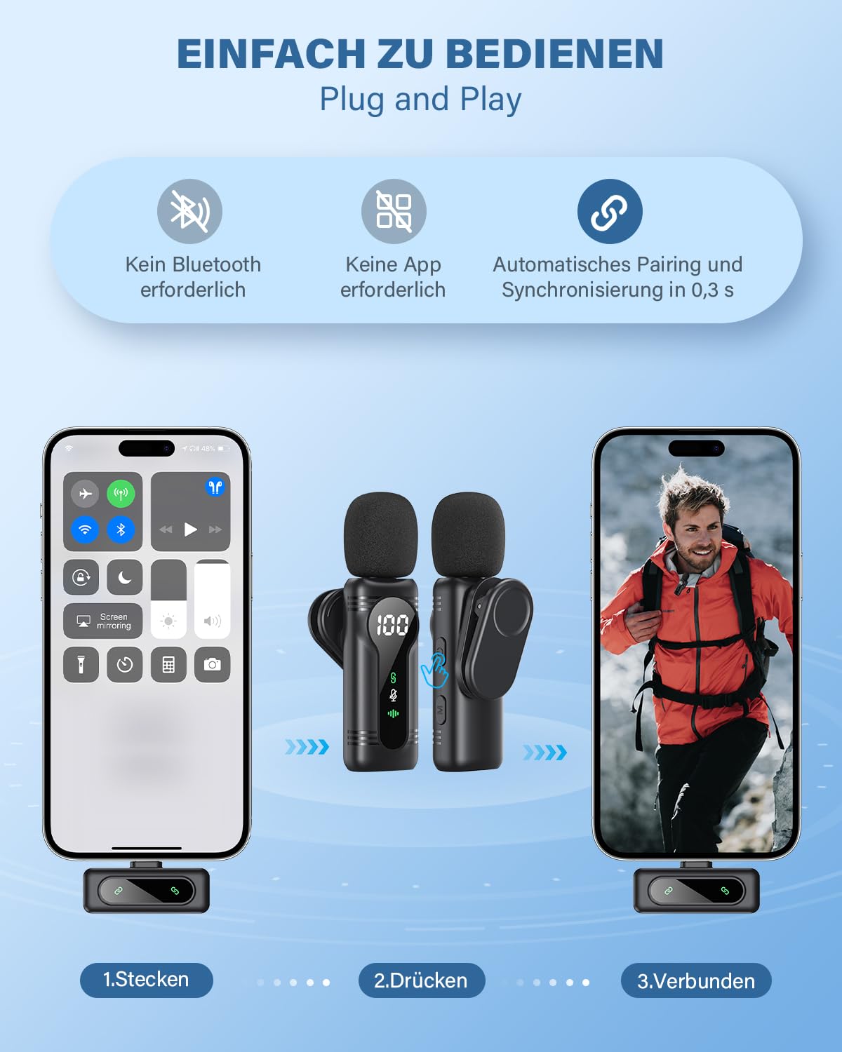 Kabelloses Lavalier-Mikrofon für iPhone, iPad, Android-Geräte - Mini Clip-On Mikrofon mit Geräuschunterdrückung, Auto-Pairing, Stummschaltung und Reverb, ideal für Vlogging, Videoaufnahmen, TK