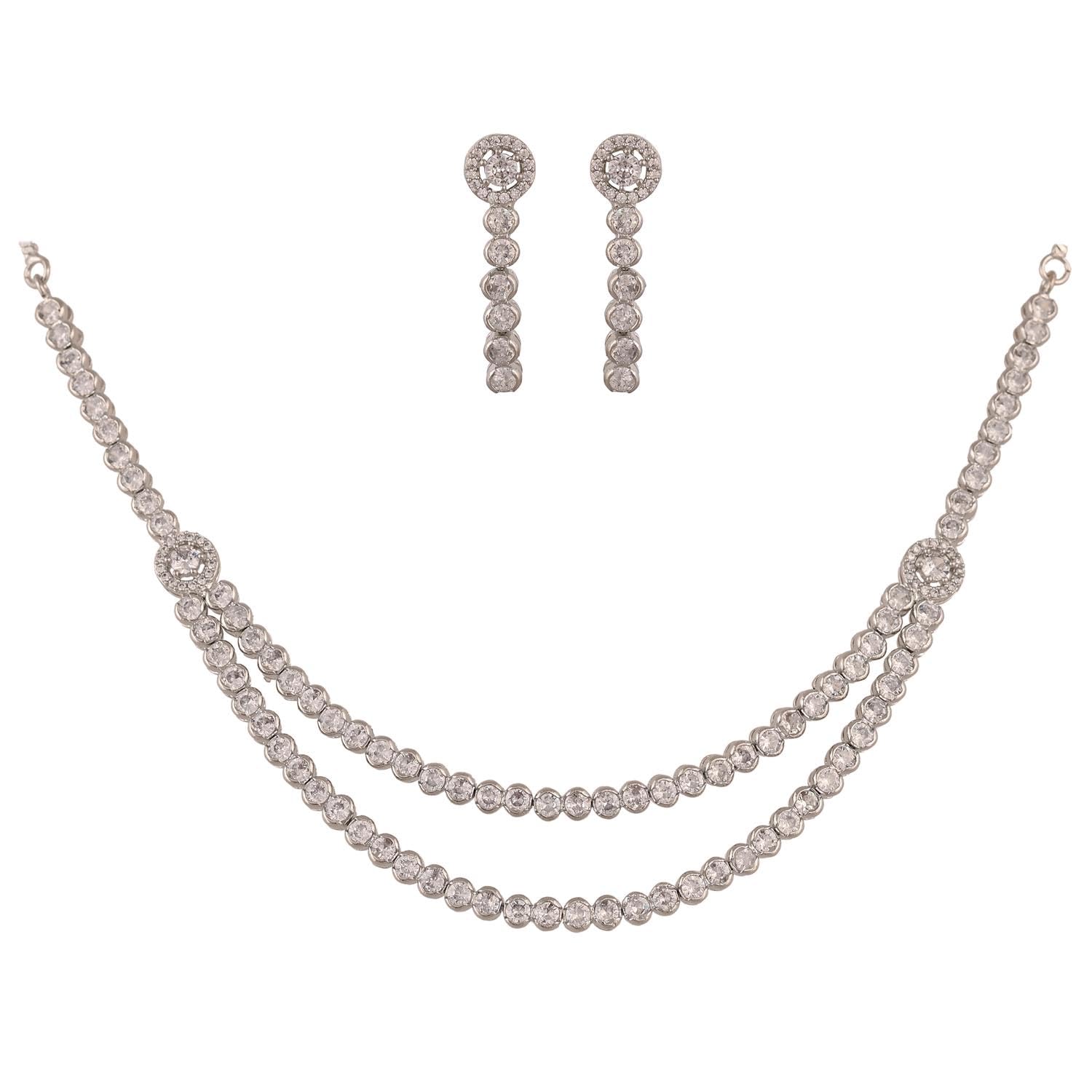 Ratnavali Jewels Brass Silver Plated American Diamond Cubic Zirconia White Double Line Necklace Jewellery Set With Dangler Earrrings For Women/Girls (B0CBMPF827) Amazon Price History, Amazon Price Tracker