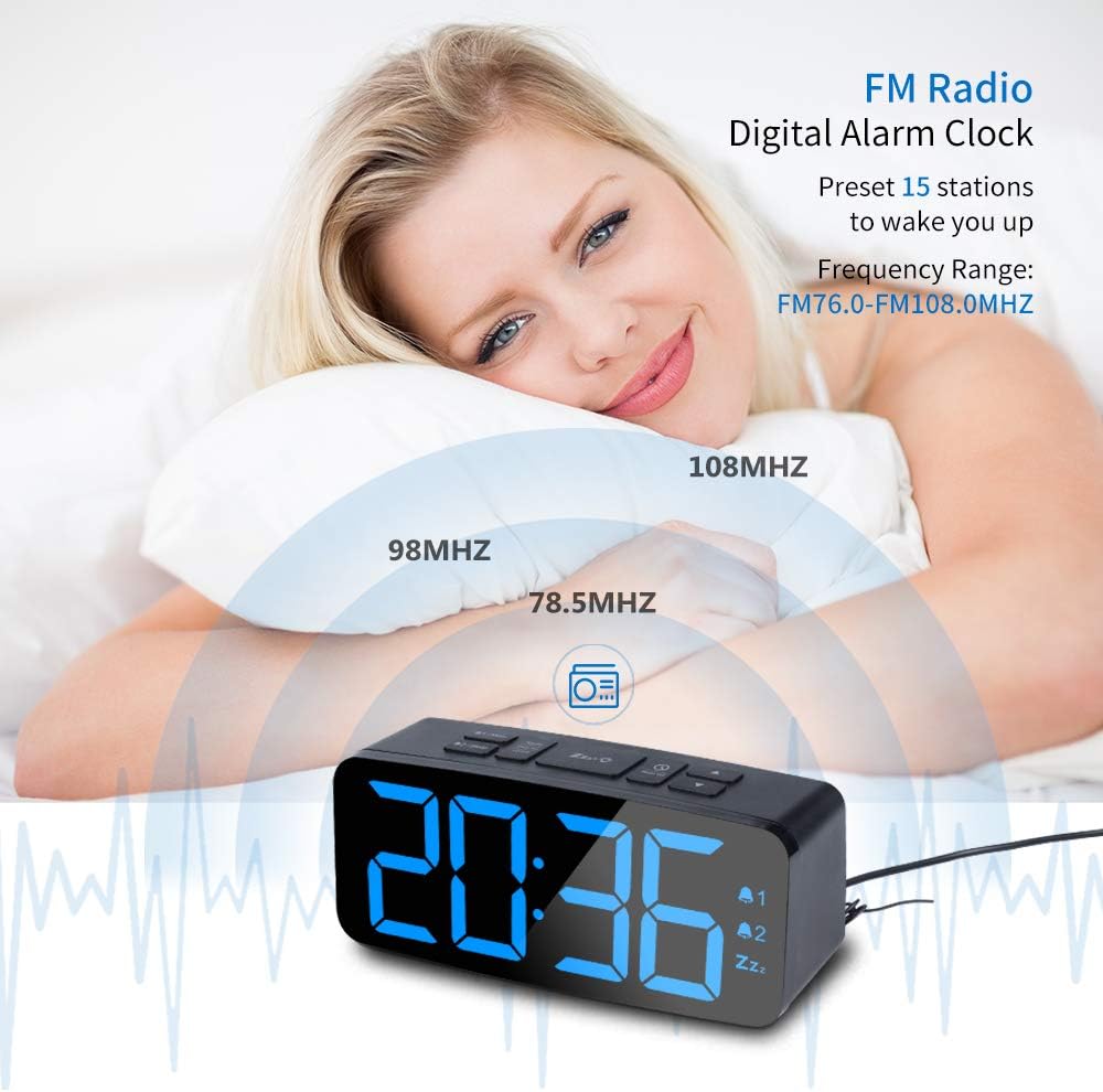 PINGKO Digital Alarm Clock with FM Radio-Large Smart LED Display, Snooze Function,Adjustable Brightness -Small and Light for Travel,Desk or Bedroom (Black)