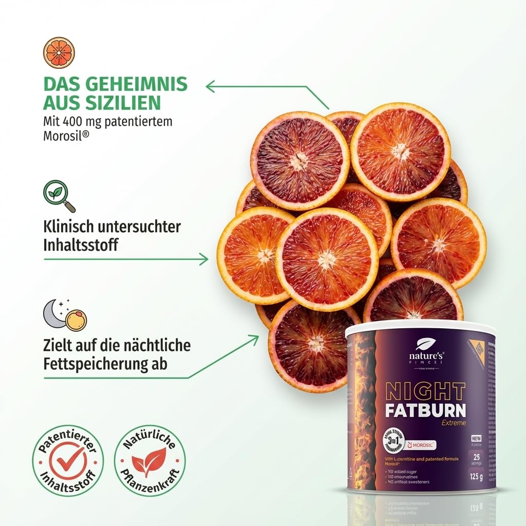 Nature's Finest Night Burn Extreme, Trinkpulver 125 g | Mit Morosil (Rot-Orangenextrakt), L-Carnitin und Baldrian