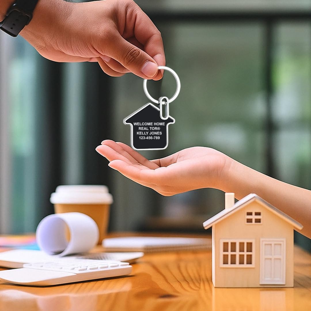 Personalized Home Keychain Pack of 10, Custom House-Shaped Keychain – Home Sweet Home & Realtor Contact Details, Customized Key chains Real Estate Closing Gifts for New Homeowners (Black)