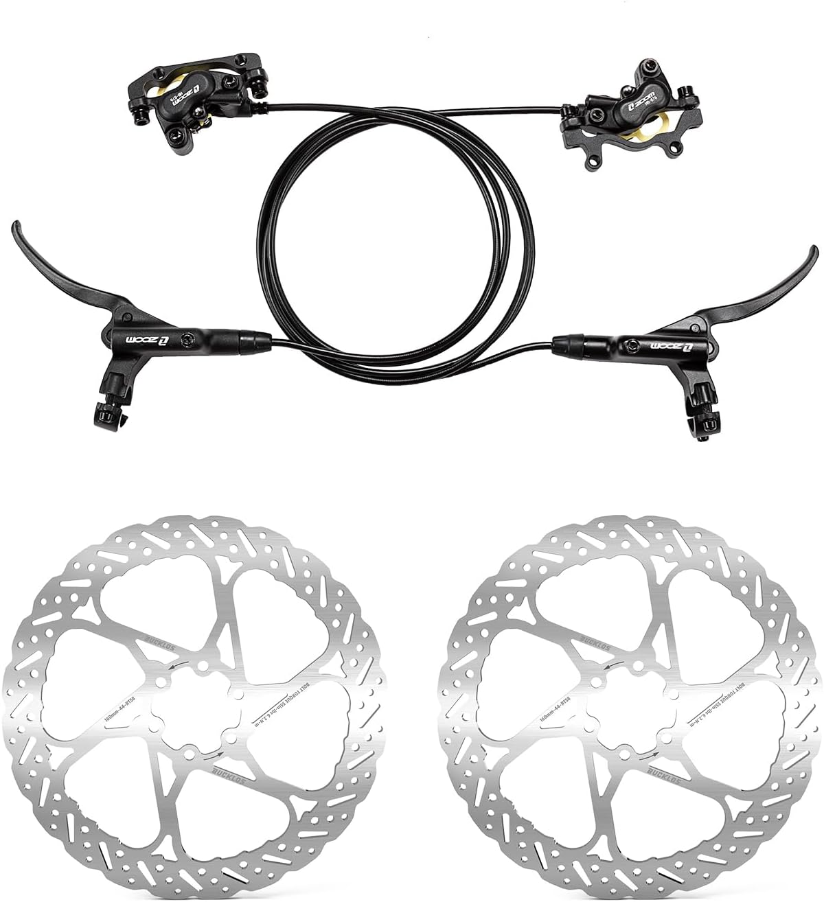 BUCKLOS Zoom HB-876 4 Piston Hydraulic Disc Brakes Set and RT58 2PC MTB Stainless Steel Disc Brake Rotors with 12 Bolts