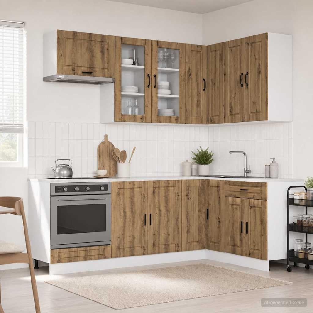 8-teilige Küchenzeile Porto, Küchenschränke Set, Artisan-Eiche | Flexibles Küchenmöbel-Set aus Holzwerkstoff für die Küche, mit verstellbaren Füßen und praktischer Wandsicherung.