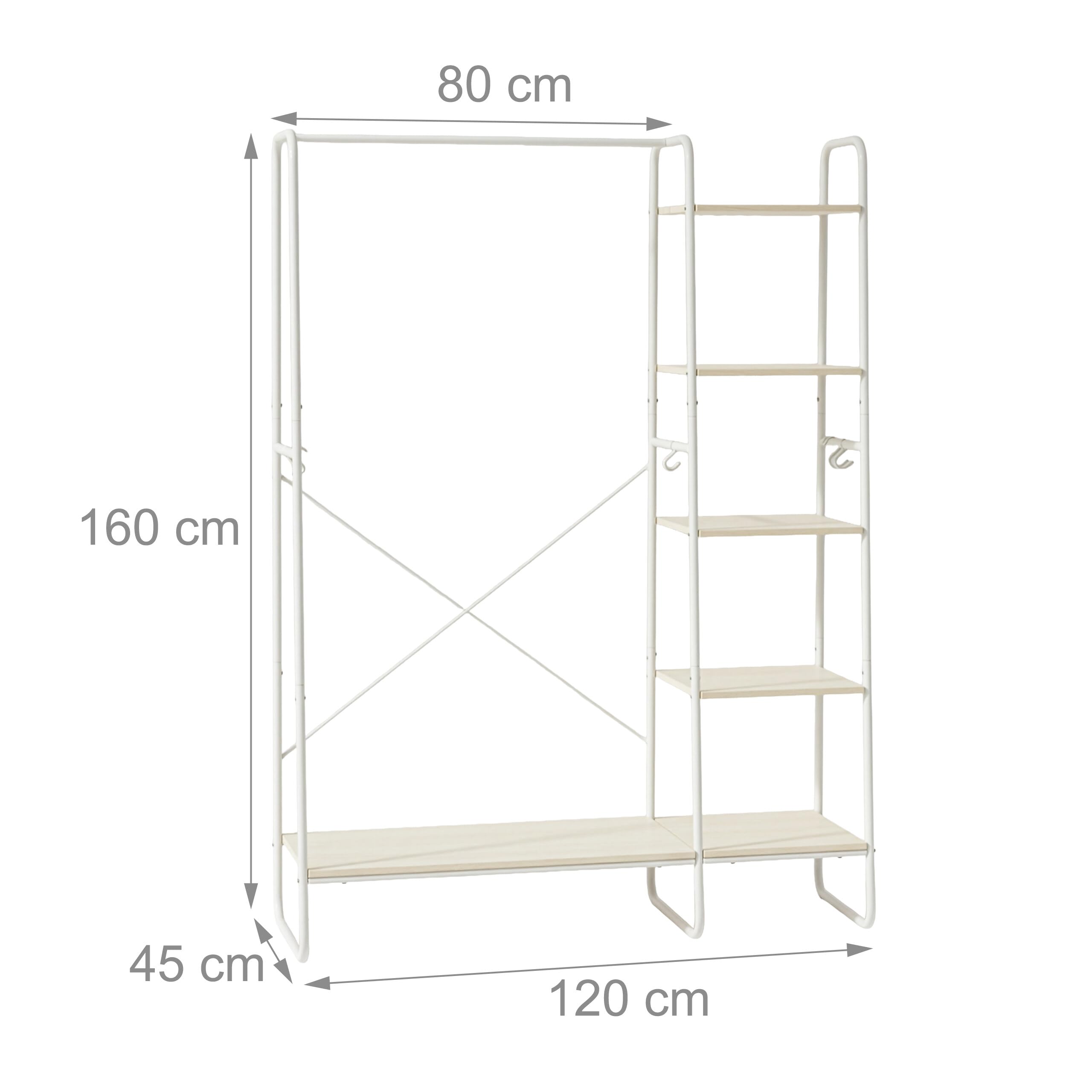 Relaxdays Perchero con 5 estantes, Barra y 6 Ganchos, Efecto Madera, 160x120x45 cm, Blanco/Natural
