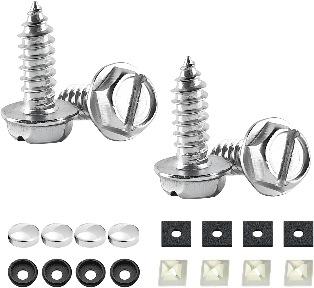 YALOK Anti Theft License Plate Screws Kits 4Sets Rustproof Stainless Steel Car Tag Plate Mounting Hardware, M6 (1/4") Tamper Proof Fastener Nut, Caps Cover for Front Rear Frame Holder (Slotted-Silver)