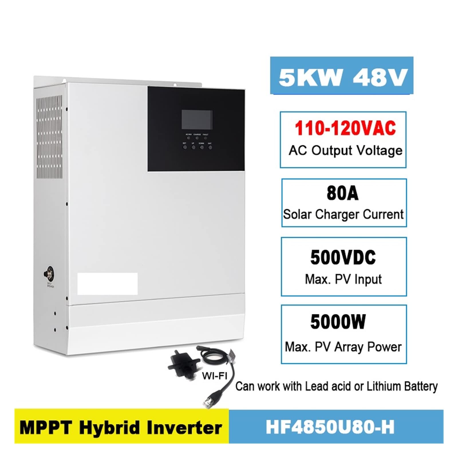 Onduleur Hybride Solaire 5kw, 80a, 48V, 110v, 120vac, Hors réseau, 500v DC, Tension d'entrée PV avec WiFi