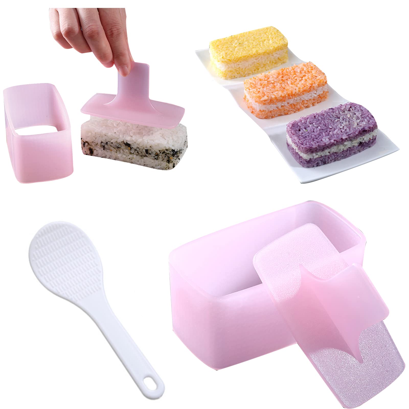 Abda Pink,White 1 Pack Non Stick Musubi Maker Press With Small Rice Paddle, Melaleuca Rice Ball Mold Diy Sushi Mold (Pink)