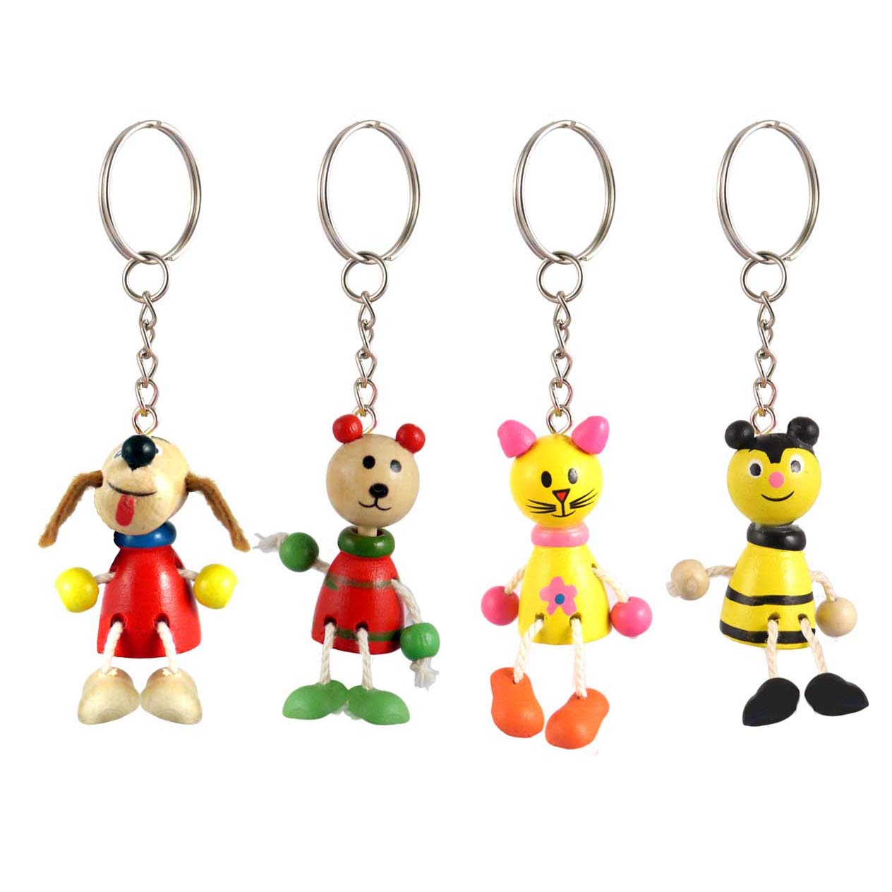 HENBRANDT Wooden 3D Novelty Animal Keyrings Set of 4 (Dog Bear Cat Bee)