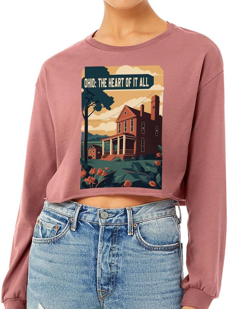 Ohio The Heart of It All Cropped Long Sleeve T-Shirt - American Women's T-Shirt - Cool Design Long Sleeve Tee