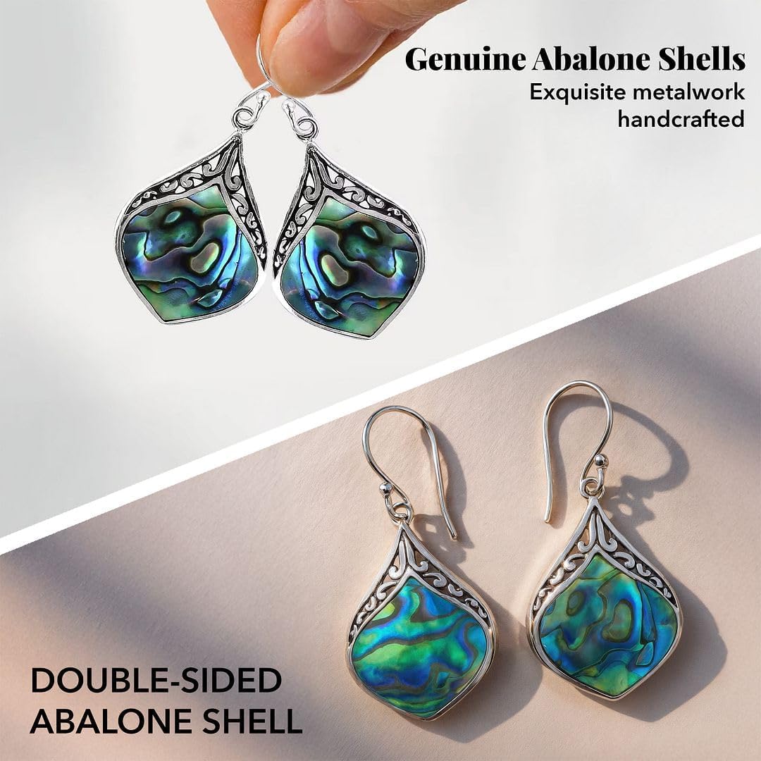 Shop LC 925 Sterling Silver Abalone Shell Dangle Earrings for Women | Iridescent Double-Sided Boho Beach Drop Earrings | Coastal Jewelry