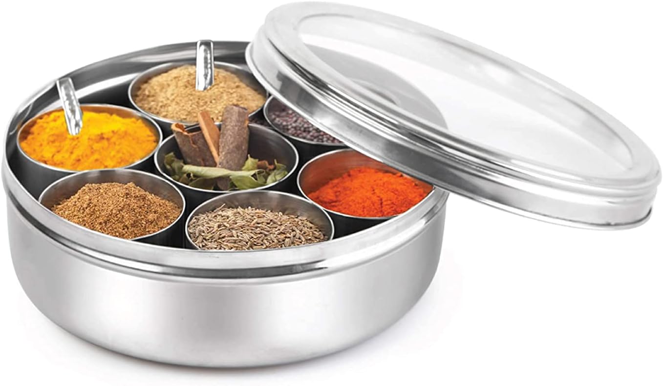 Masala Box,Stainless Steel Spice Container with see through lid (7 CUPS & 1 SPOON),stainless steel spice container,spice storage containers airtight
