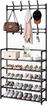 Coat Rack with Shoe Storage, 5-Tier Coat and Shoe Rack, Shoe Rack with Coat Hanger,with 8 Hooks and Side Cloth, for Living Room, Bathroom, Hallway23.6 * 11.4 * 67.7in,Black