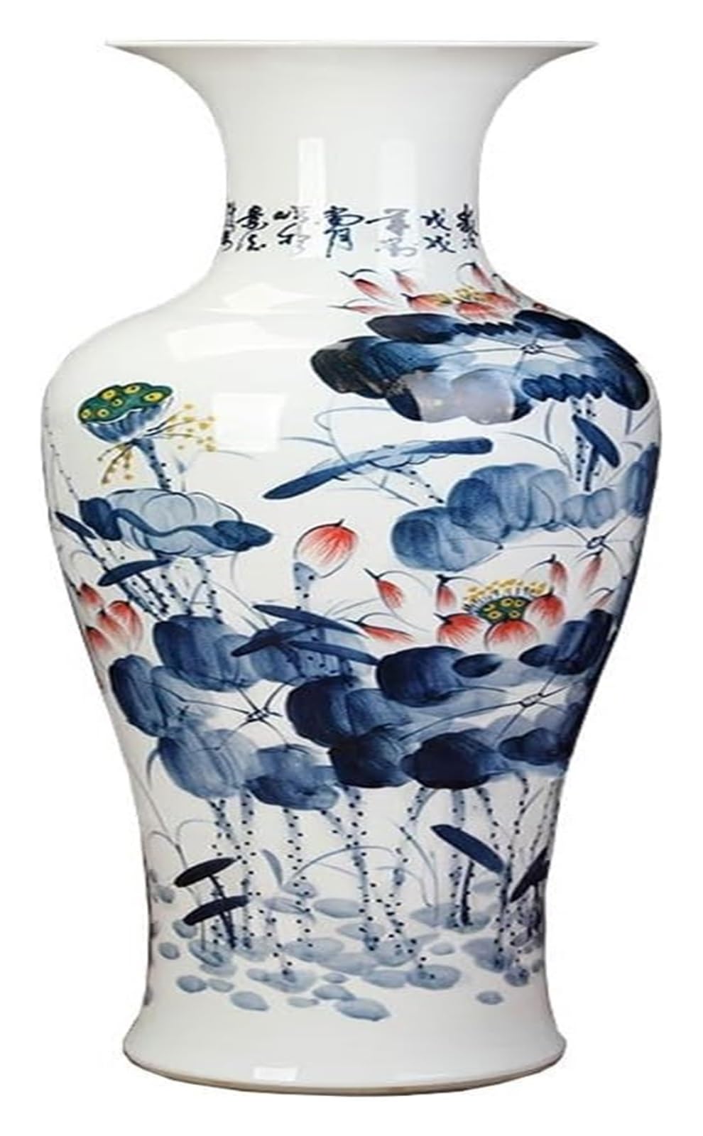 SnamicE Vase Tabletop Floral Retro Ceramic Floor Living Room Decoration Hand-Painted Lotus Blue and White Porcelain Study Decoration Vase,
