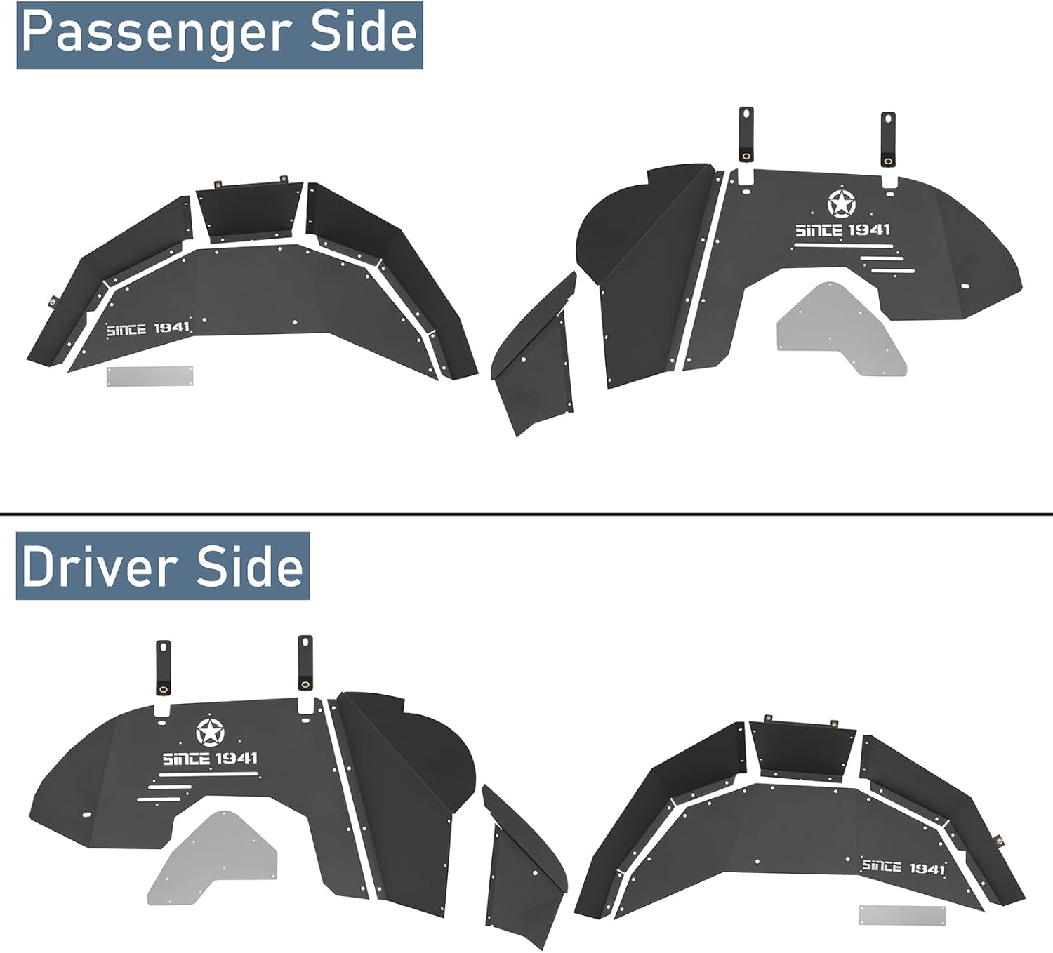 Hooke Road Aluminum Inner Fender Liners for 2018-2026 Jeep Wrangler JL 2-Door & Unlimited (Excl. Rubicon 3.6L), Lightweight Rustproof Front & Rear Wheel Well Protection, 4PCS