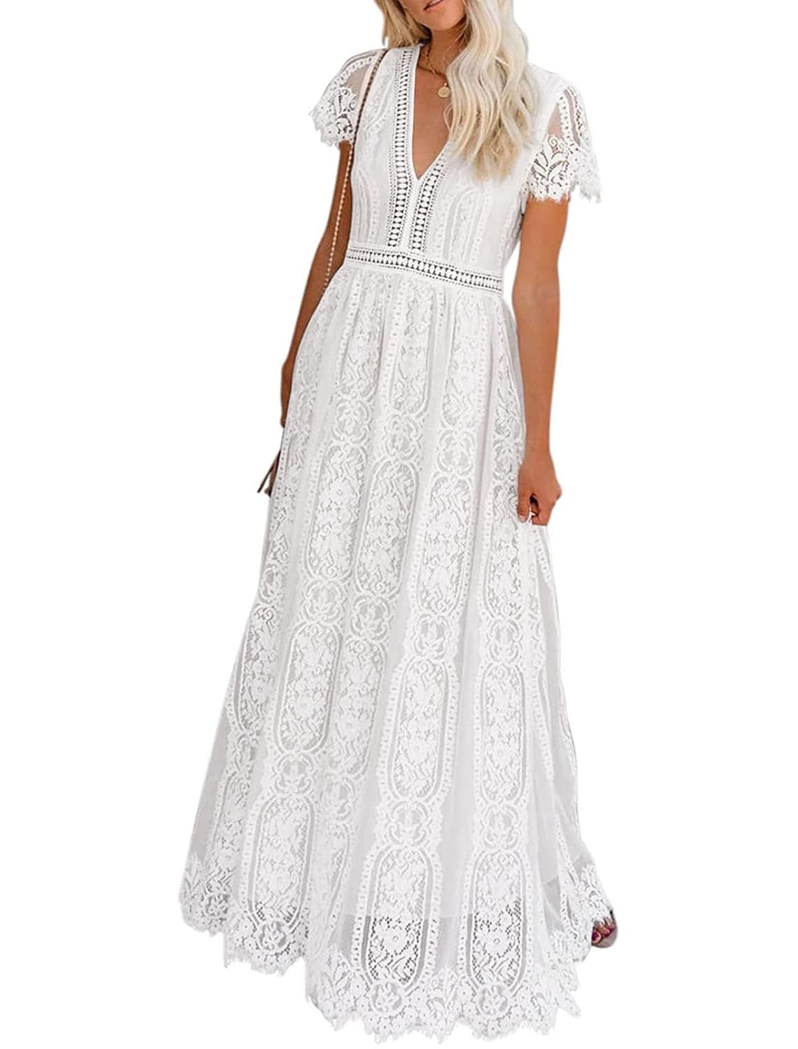 MEROKEETY Womens 2026 V Neck Short Sleeve Floral Lace Wedding Dress A Line Boho Bridesmaid Cocktail Party Maxi