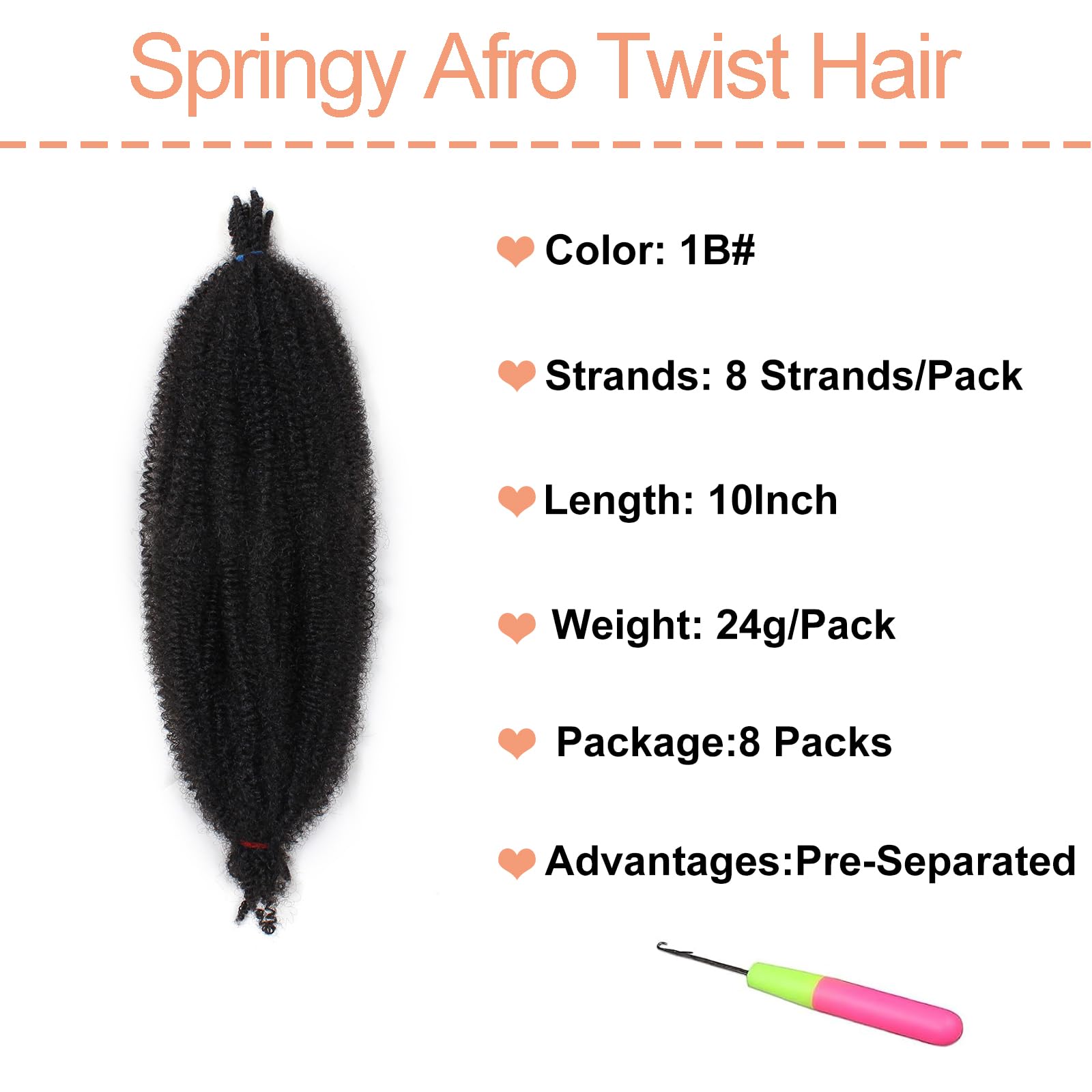 Mscat 10 Inch Pre-Separated Springy Afro Twist Hair 8 Packs Marley Twist Crochet Braiding Synthetic Hair Extensions (8 Strands/Pack,1B#) - Image 2