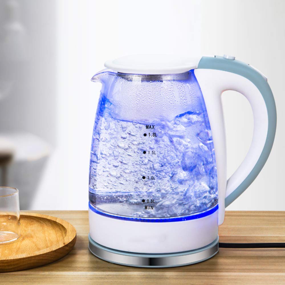 Bollitore Elettrico in Vetro Senza Fili da 1,8 l - Bollitura Rapida silenziosa con Elemento di ebollizione Rapida da 1850 W - Brocca a LED illuminata Blu, spegnimento Automatico Anti-Secco