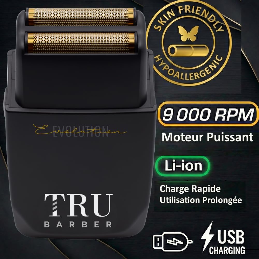 TRU BARBER Evolution – Rasoir électrique professionnel homme 9000 tr/min avec grille titane hypoallergénique, idéal barbe cheveux et crâne chauve, batterie longue durée rechargeable USB