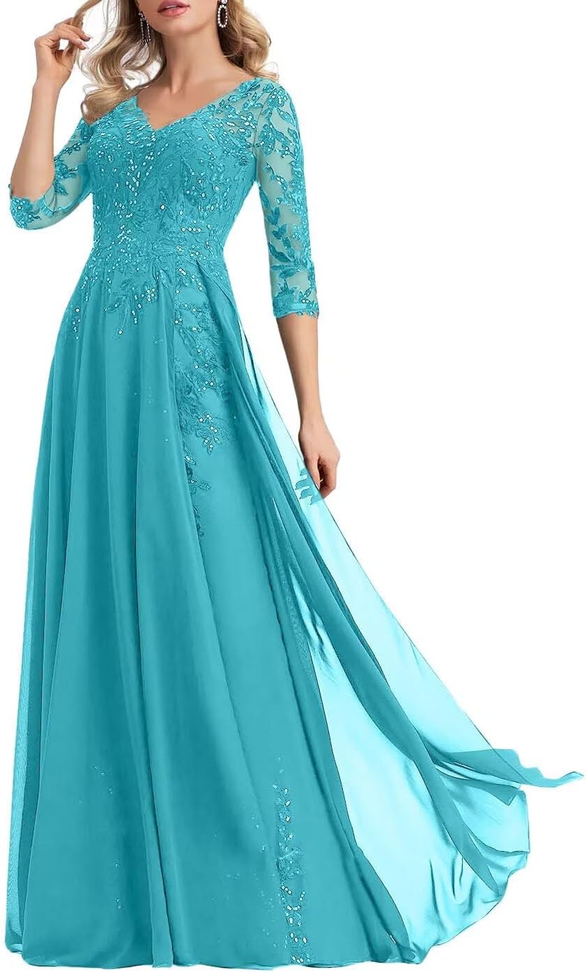 Cadoly Elegant Formal Mother of The Bride Dresses for Women 2026 Chiffon A-Line V-Neck Corset Long Sleeve Evening Gown