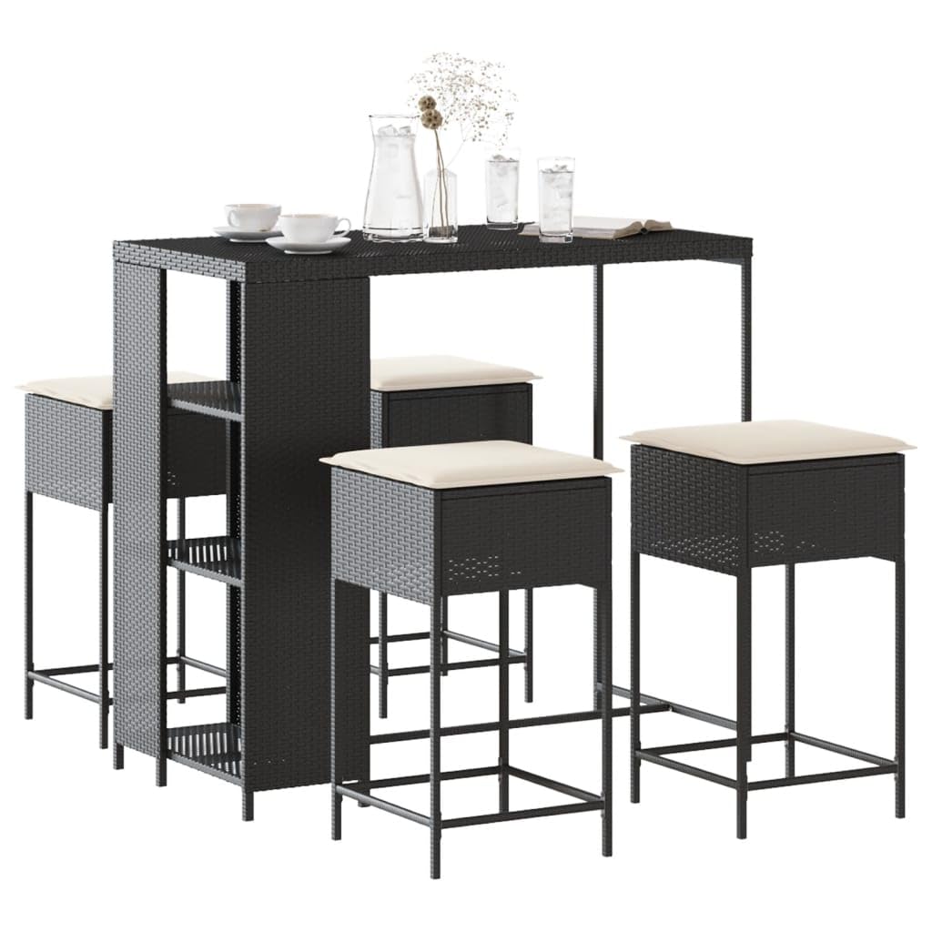 vidaXL Juego de Bar de jardín de 5 Piezas con Cojines ratán PE Negro, Mesa Alta y taburetes de Exterior, Juego de Bar, Juego de Muebles