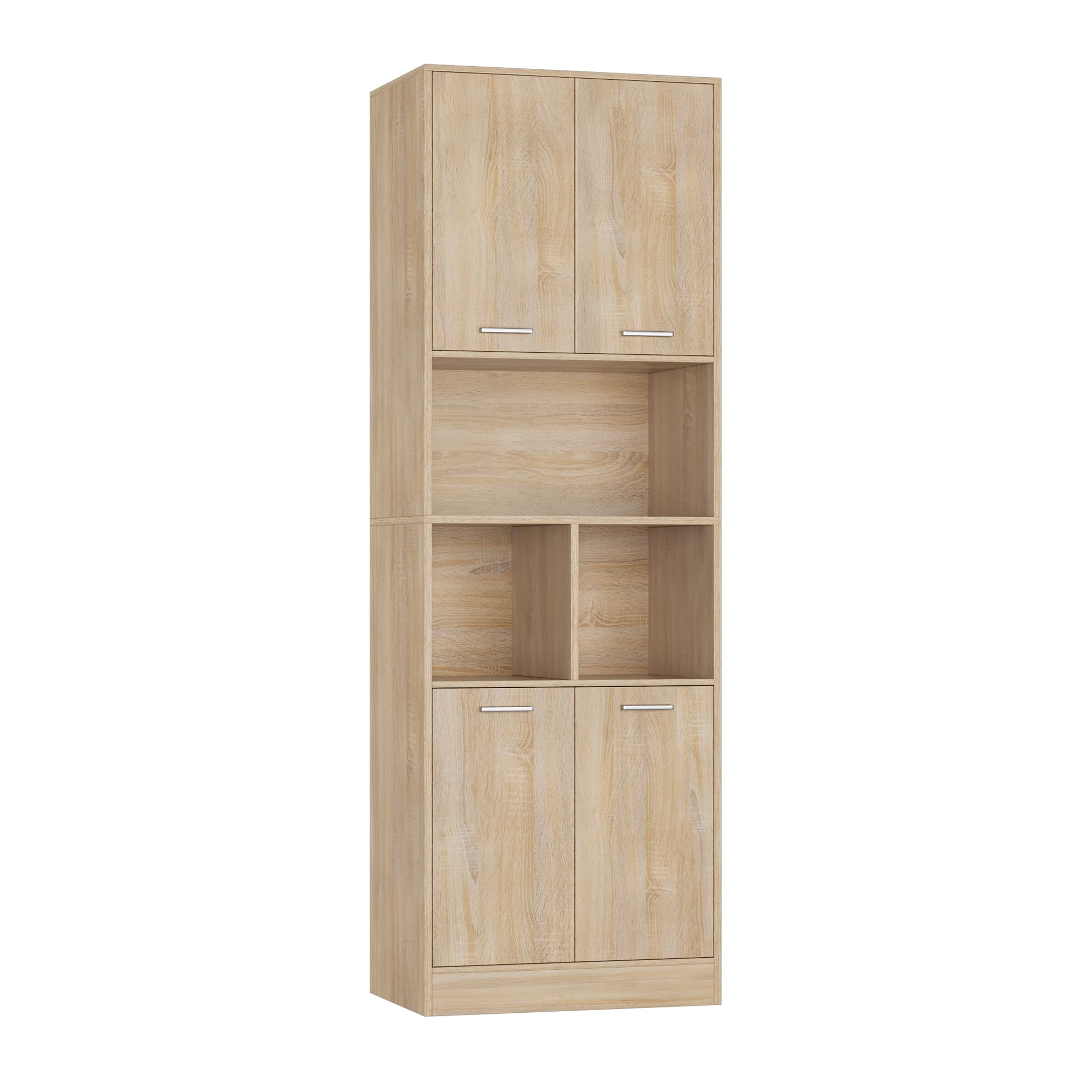 FirFurd Meuble Colonne Salle de Bain 180cm Armoire Haute Rangement Chêne | 4 portes avec étagère réglable et ouverte | 60x40x180.5cm | Base surélevée | Poignées pratiques | Pour salon et cuisine