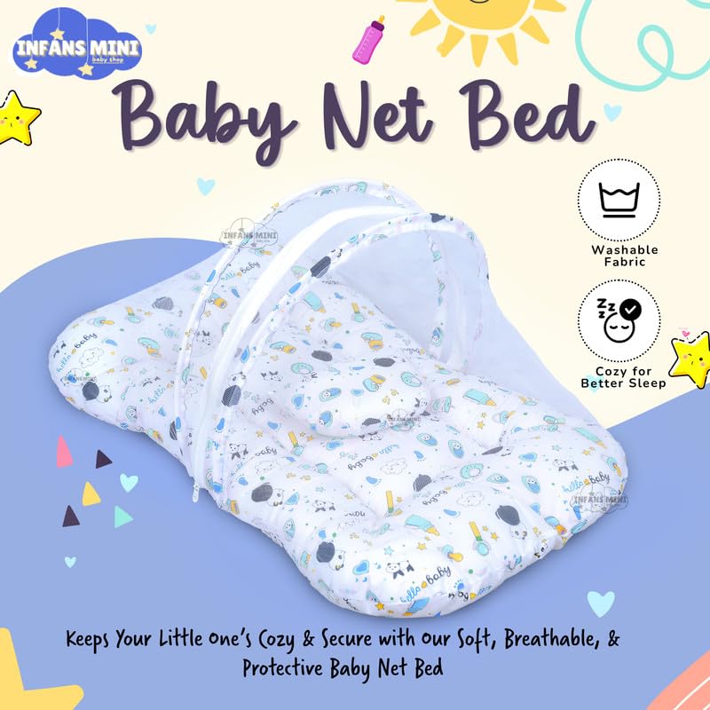Image of Baby Bed with Mosquito and Insect Protection Net, Portable Mattress with Zip Closure & Pillow Ideal for Babies from 0-6 Months-Unisex (Panda Blue)