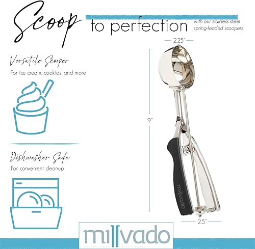 Miniatura 2 de Cuchara de acero inoxidable para helado y galletas, tamaño grande, con agarres de goma negra, diseño de palanca con resorte, para sorbete, melón,