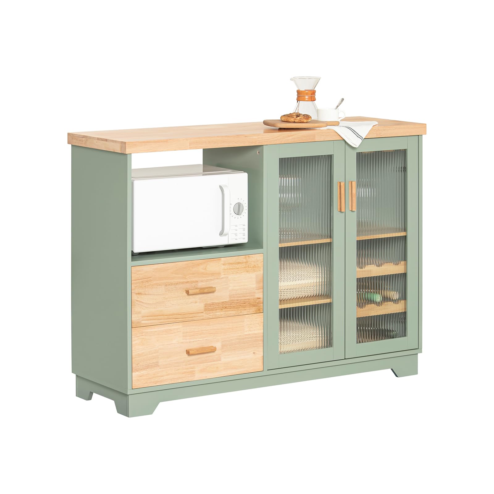 SoBuy Küchenschrank Buffet Kommode mit Glastüren & Schubladen Sideboard mit 120 cm Arbeitsplatte, Mikrowellenfach & Weinregal Küchenmöbel für Wohnzimmer & Esszimmer Grün 120x90x40cm FSB81-GR