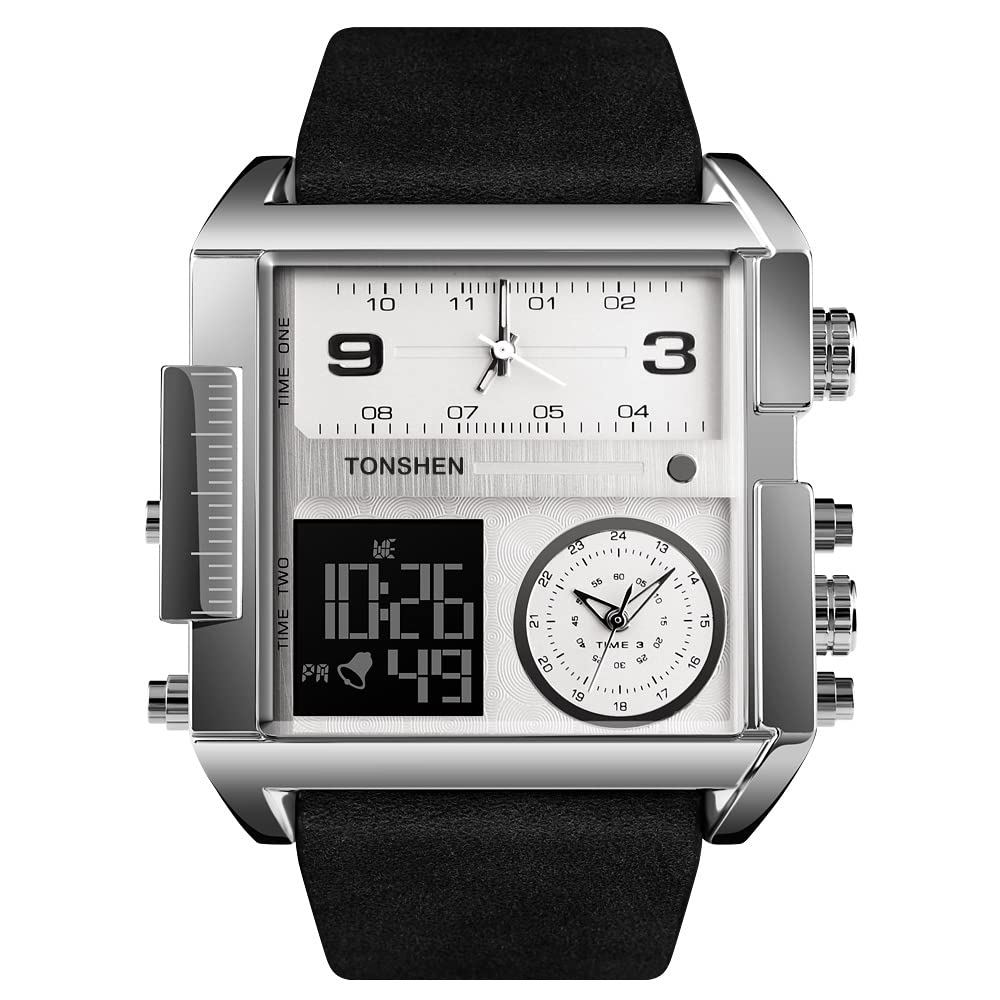 TONSHEN Moda męska cyfrowy zegarek ze stali nierdzewnej ze skórzanym paskiem outdoorowy wojskowy wielofunkcyjny LED elektroniczny analogowy kwarcowy trzykrotne zegarki sportowe duża prostokątna tarcza, Srebrny 1, bransoletka