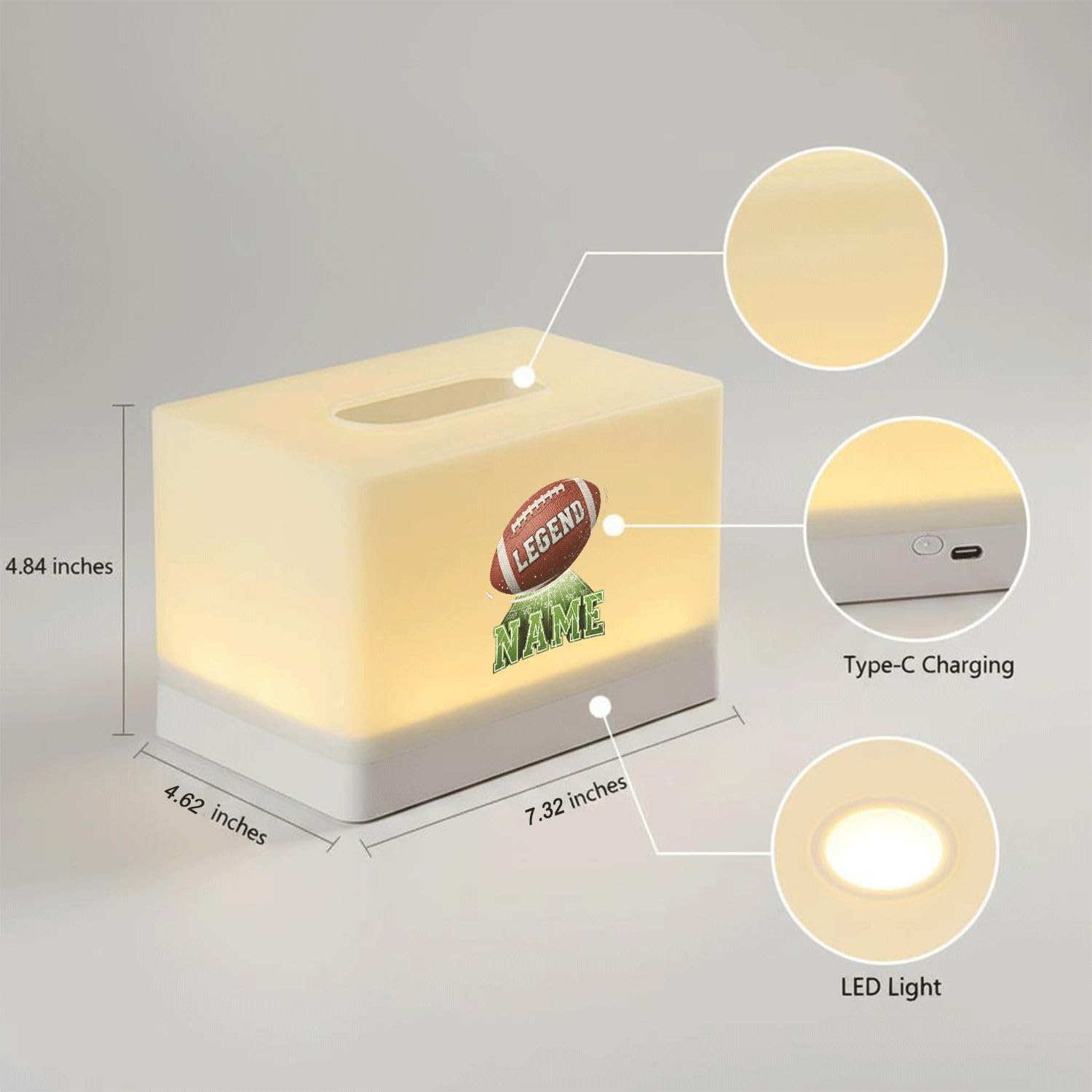 Custom Name Football Tissue Box Cover with LED Night Light, Rechargeable Sports Theme Decor for Boys Room, Type-C Charging Port image 2