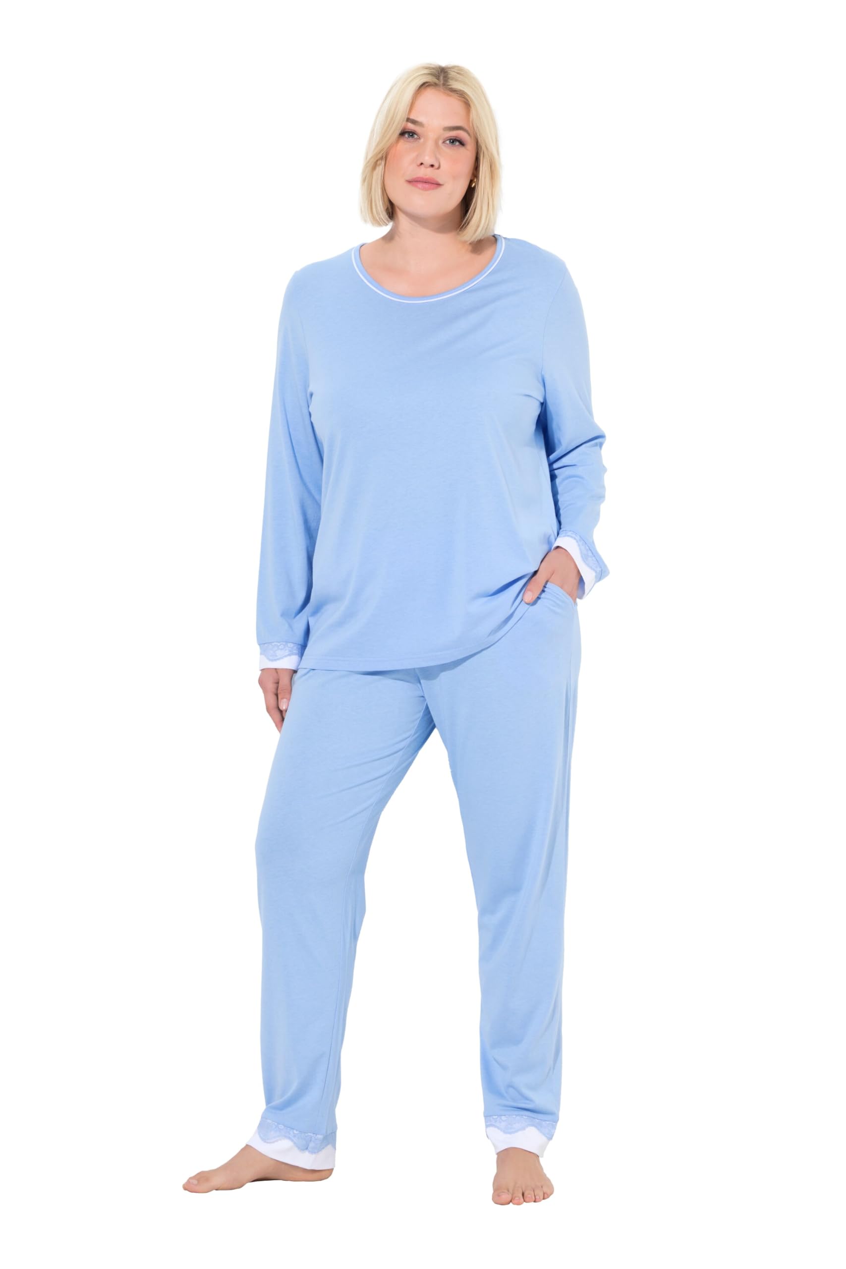 Ulla Popken Women's Lace Round Neck Long Sleeve Pyjama Set