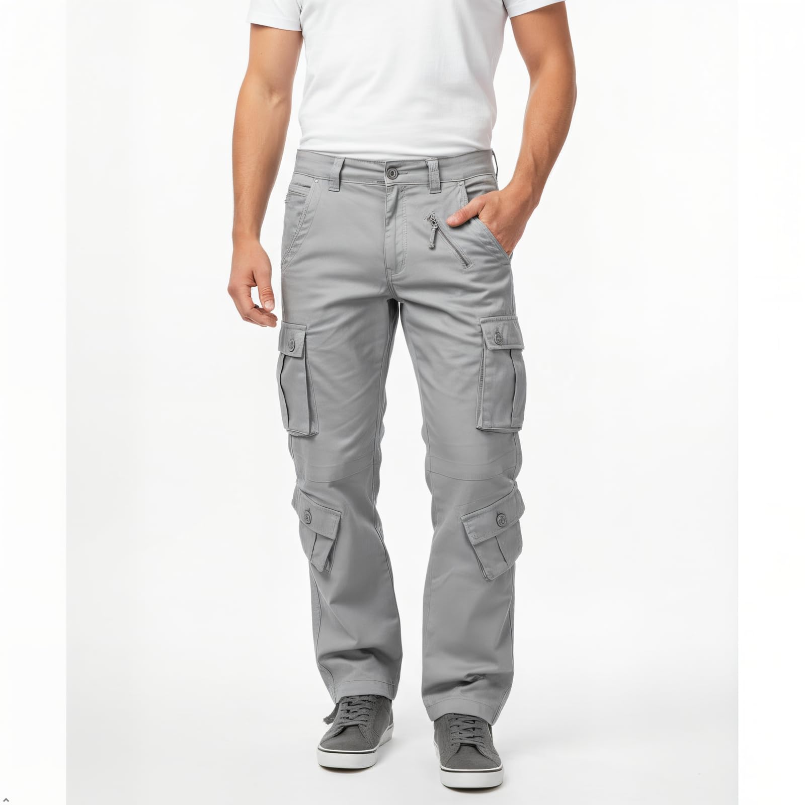 Aeslech Pantalones de combate de trabajo para hombre, 8 bolsillos, pantalones militares casuales al aire libre, Camuflaje Blanco