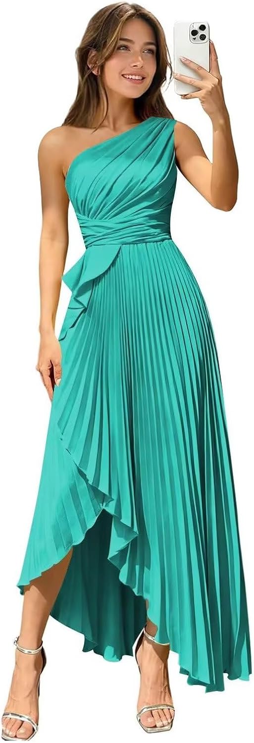 One Shoulder Bridesmaid Dresses Long for Women 2026 Pleated Satin A Line Ruffle Formal Dresses with Slit