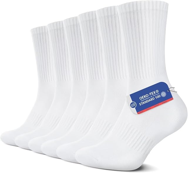 YouShow 6/12 Paar Tennissocken Herren Damen Crew Socken Baumwolle Cushioned | Gekämmte Baumwolle Sportsocken mit Frottesohle, Atmungsaktiv und Weich, OEKO-TEX, Alltag & Sport, Solid Classic Weiß Schwarz