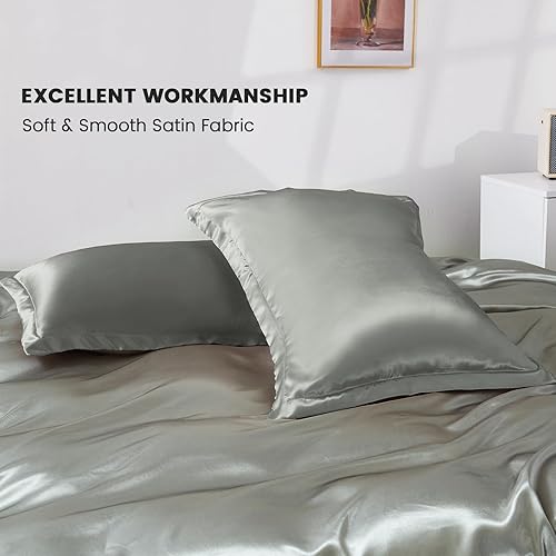 Vista 34 de HOdo Home Funda de edredón de satén, tamaño Queen, 3 piezas, funda de edredón similar a la seda, ultra suave y transpirable, juego de ropa de cama