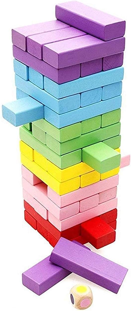 SHANBUYERS - Xplore the Unxplored Zenga Wooden Blocks, Tumbling Tower, Stacking and Balancing Building Block Game Toy with 1 Dice for Kids & Adults (54 Pcs)