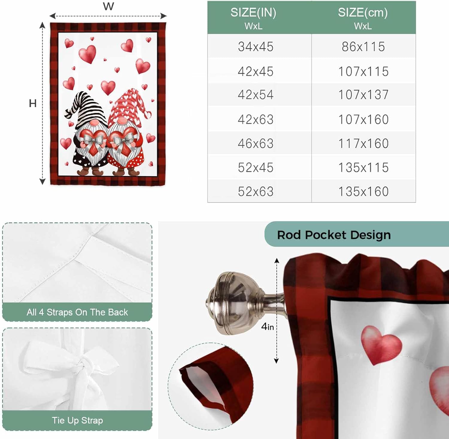 Red Valentine's Day Tie Up Curtains for Window, Love Heart Gnomes Red Black Plaid Thermal Insulated Balloon Shade Adjustable Rod Pocket Curtains Valance Panels for Kitchen Bathroom Café 46'' x 63''