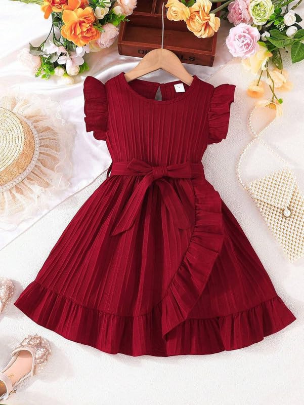 Image of Niren Enterprise Girls' Frill Pleated Design, Ruffle Sleeves, Bow Waist, Elegant Summer & Birthday Party Dress