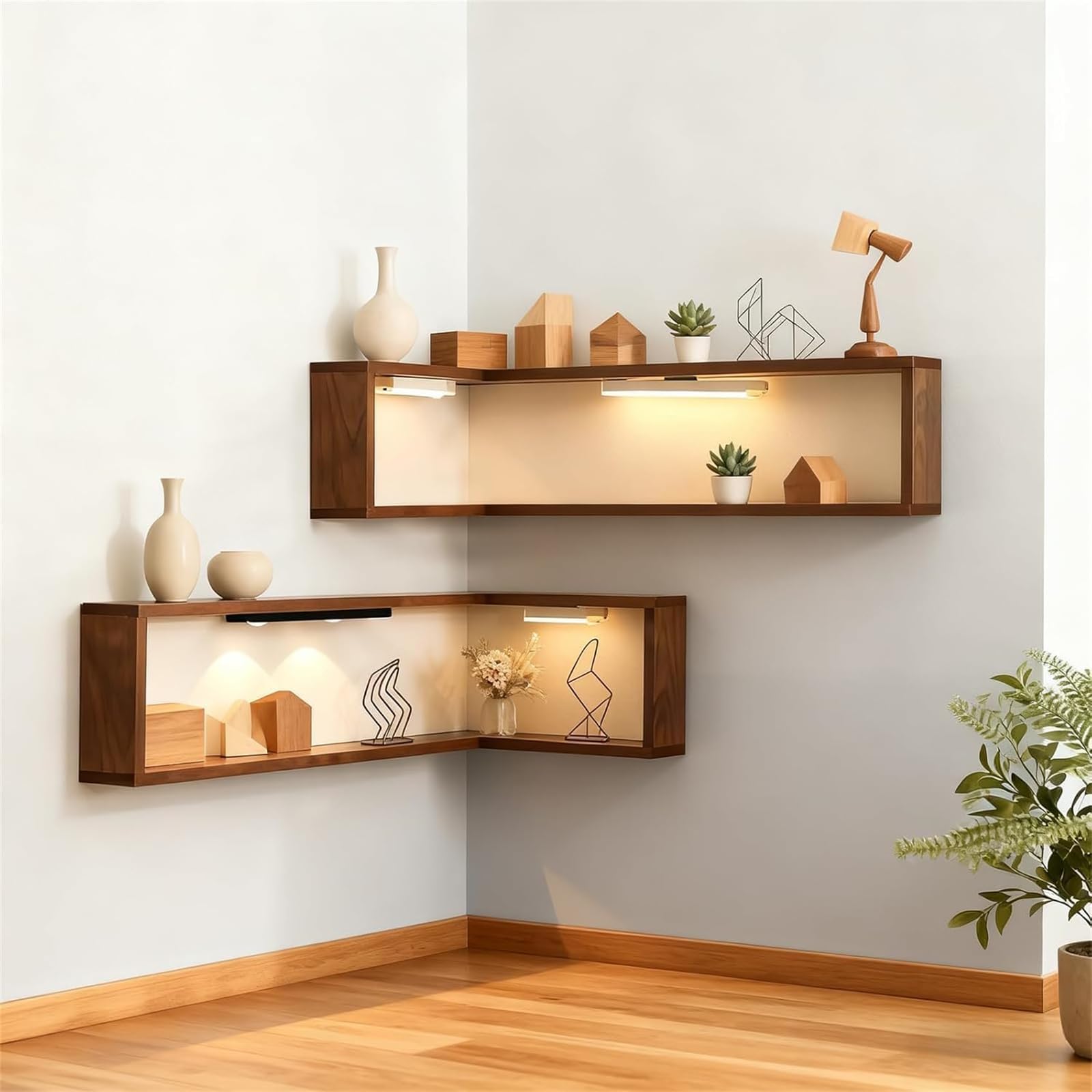 Illumina il tuo spazio con eleganti mensole angolari in legno, espositore sospeso da parete per ornamenti e conservazione (set di 3) - Perfetto per l'arredamento della casa