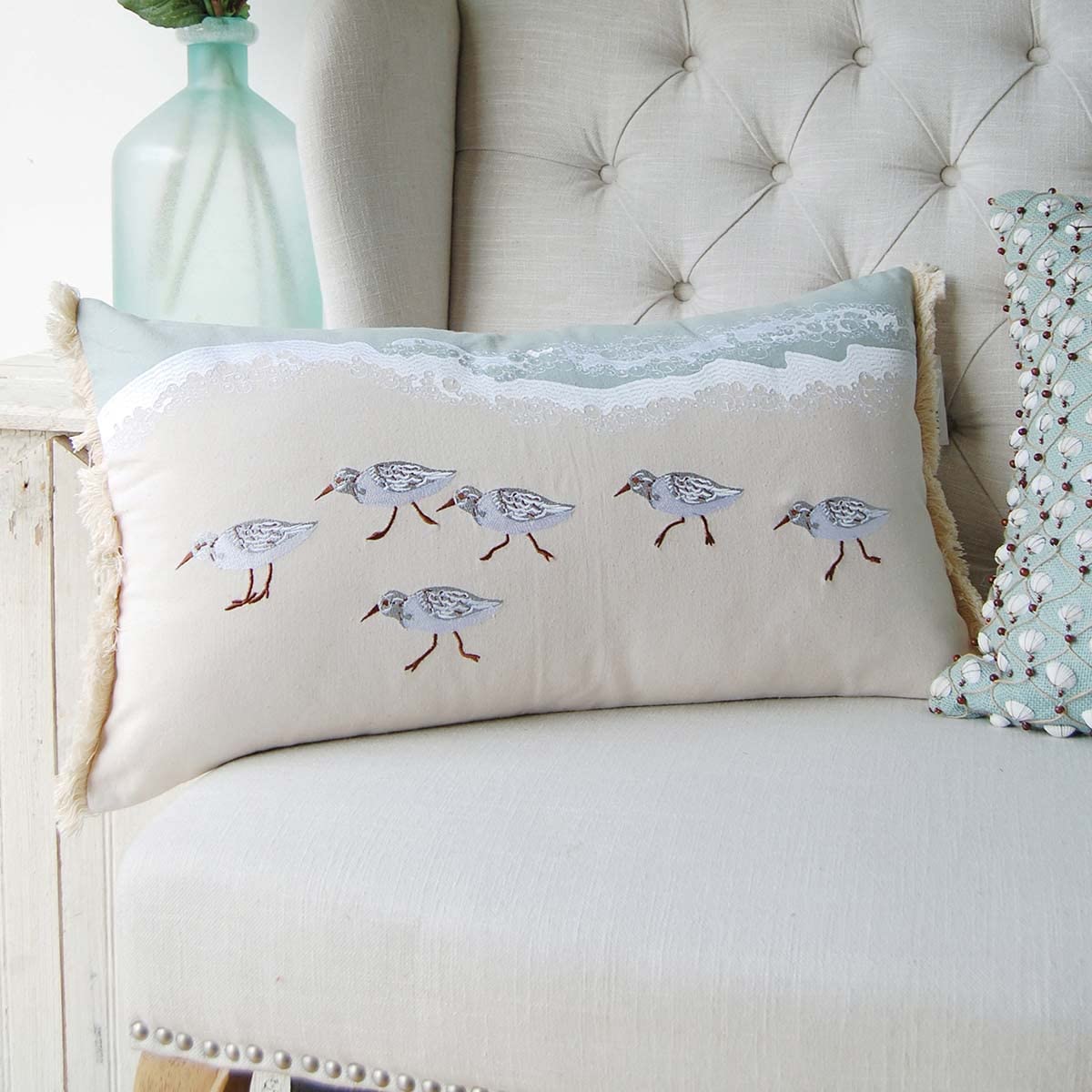 Black Forest Décor Beach Sandpipers Lumbar Pillow – Coastal Embroidered Accent – 26