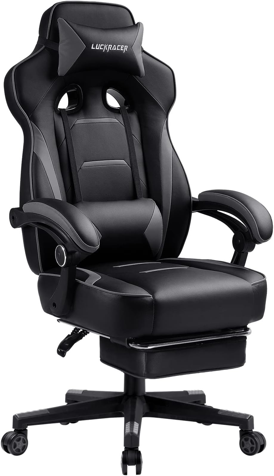 LUCKRACER Gaming Chair with Footrest Office Desk Chair Ergonomic Gaming Chair Pu Leather High Back Adjustable Swivel Lumbar Support Racing Style E-Sports Gamer Chairs Gray