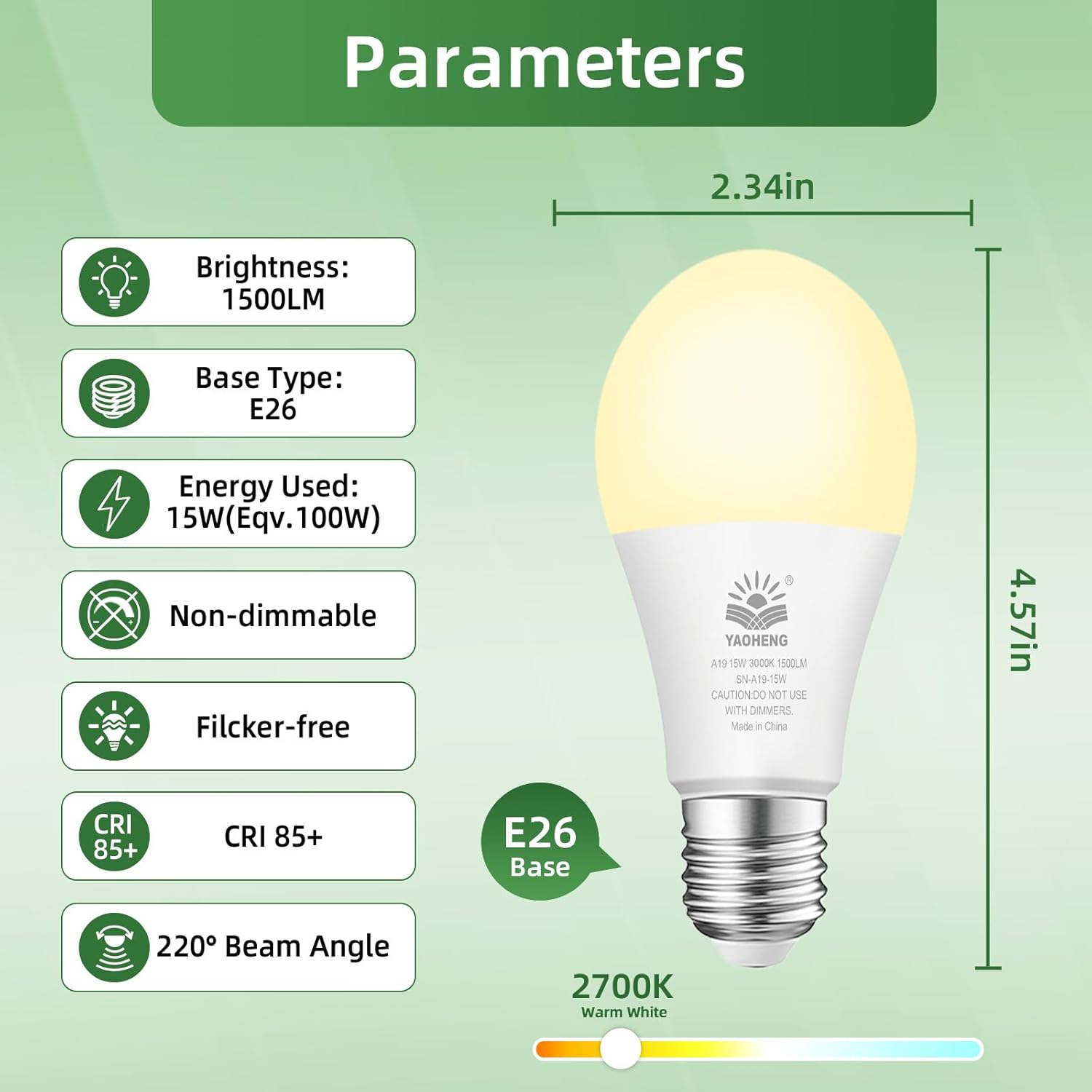 A19 LED Light Bulb, 100 Watt Equivalent LED Bulbs, 3000K Warm White, 1500 Lumens, Standard E26 Base, Non-Dimmable, 15W Super Bright Light Bulbs for Home, Office Lamp, ETL Listed(4-Pack)