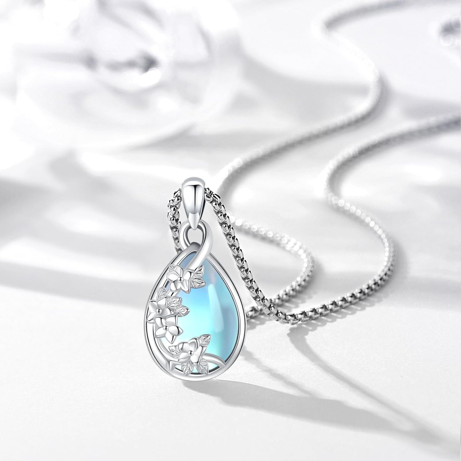 S925 Sterling Silver Flower Hummingbird Necklace for Women Oval Black Obsidian Moonstone Pendant Mother Day Necklace for Mom Turquoise Jewelry Gifts - Image 3