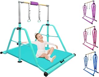 Foldable Gymnastics Kip Bar with Rings & Bar Pad, 3 FT–5 FT Adjustable Horizontal Bar for Kids, 7-Level Height, 300 LBS Weight Capacity, Indoor Home Gym Equipment
