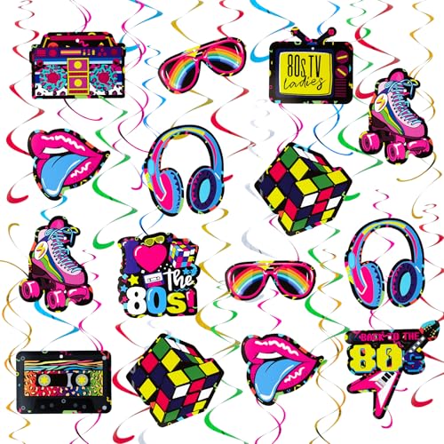 Image of 80s Party Decorations, Kaluofan 38PCS 80s Nostalgic Retro Party Hanging Swirls Ceiling Decorations, 80s Theme Party Background Supplies, Back to 80s Decorations for Adults Rock and Hip Hop Party