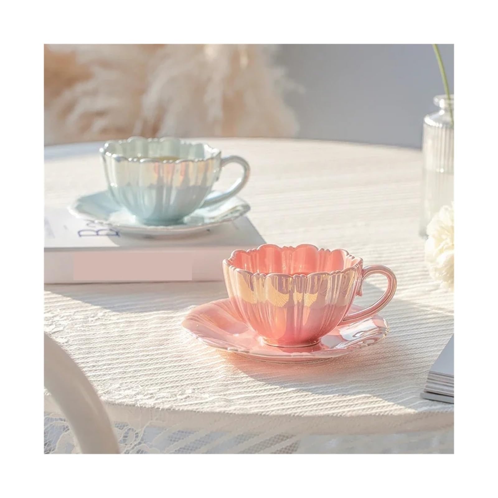 Duże ceramiczne kubki do kawy, Kubek do kawy i spodek wielokolorowy 240 ml(Roze)