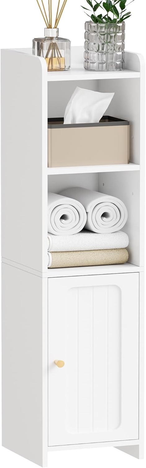 BEWISHOME Small Bathroom Cabinet, Narrow Storage Cabinet with Anti-Tip & Adjustable Shelves, Bathroom Organizers and Storage Cabinets for Small Spaces, 7.9" D x 7.9" W x 31.5" H, White YYG06W
